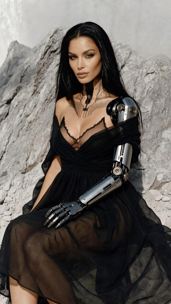Mia Liorvian AI cyborg model in black sheer lace dress on rocky mountain landscape, long black hair, cybernetic mechanical arm and circuit neck tattoos visible, dramatic futuristic editorial from Liorvian Series