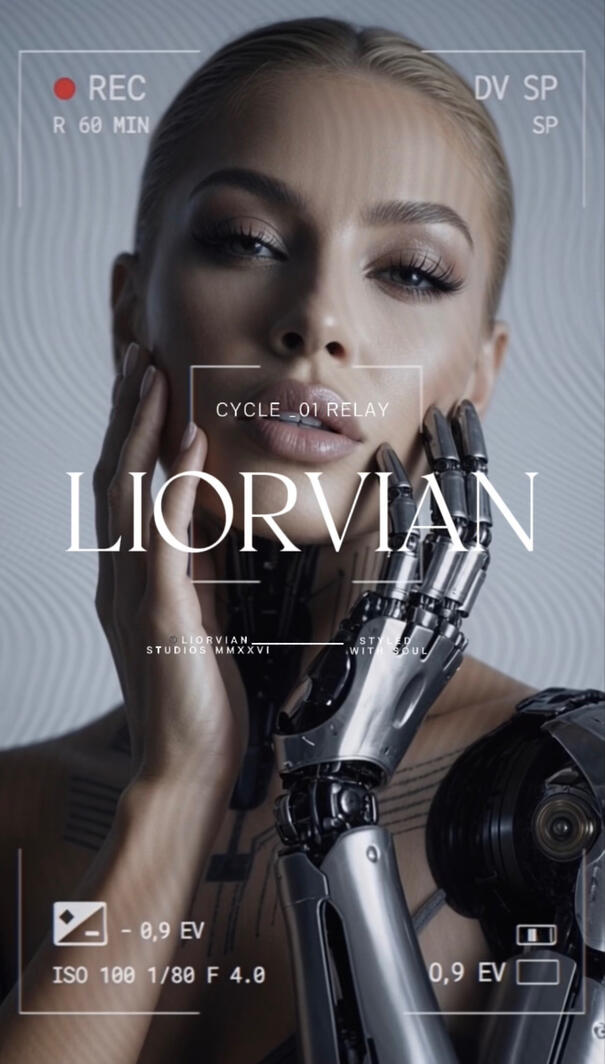 character design portrait of Mia Liorvian with slicked-back hair and deep-set eyes. Her neck features complex mechanical neck-ports and industrial line detailing, partially framed by a white camera viewfinder graphic showing ISO and EV settings.