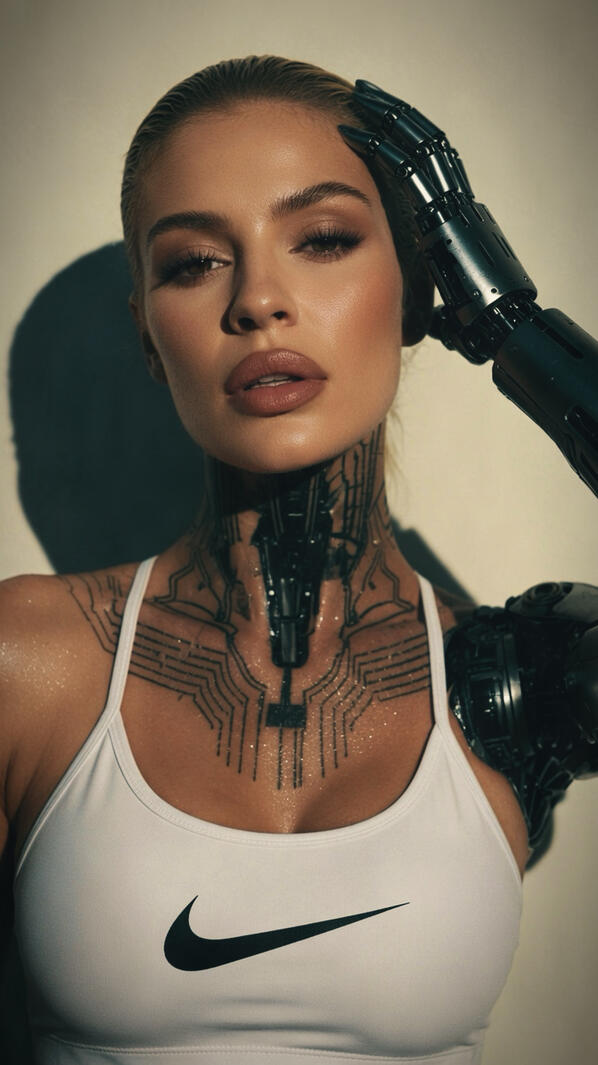 Close-up character portrait focusing on Mia Liorvian with heavy neck mechatronics and a polished chrome cybernetic hand resting on her face.