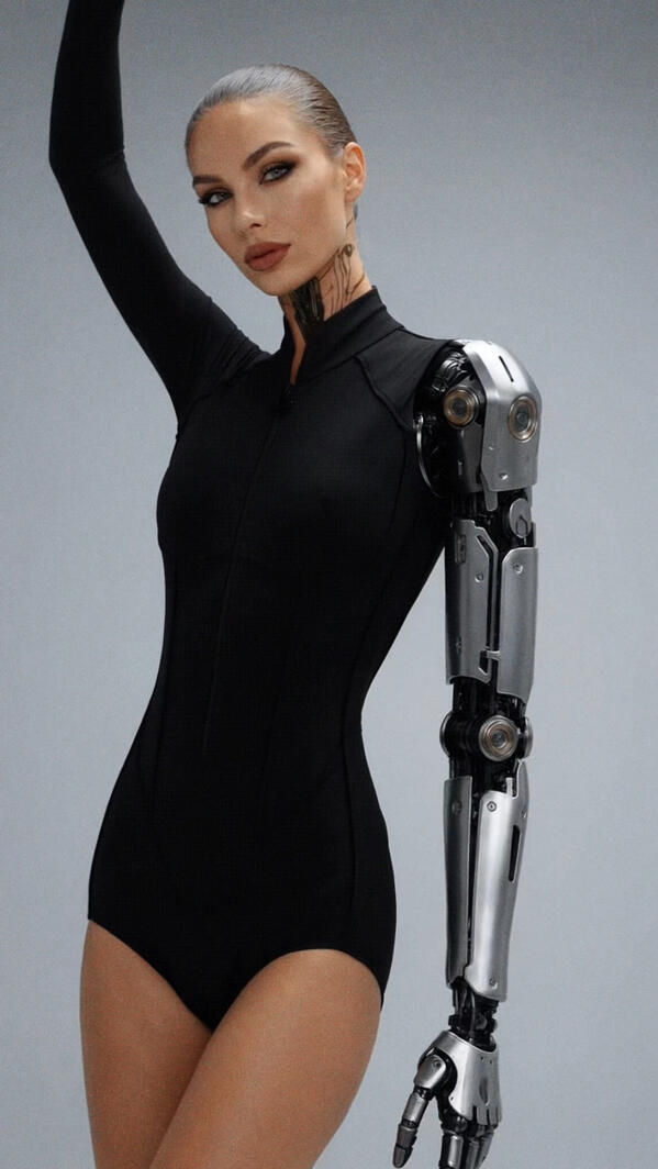 Mia Liorvian stands confidently against a light gray backdrop wearing a form-fitting black zip-up bodysuit. Her right arm is fully raised while her left arm is a detailed silver robotic prosthetic. She has slicked-back silver hair, dramatic eye makeup, and