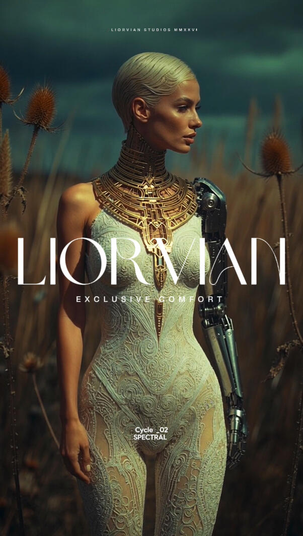 Full-body high-fidelity 3D render of Mia Liorvian in a detailed white lace outfit and brutalist gold neck armor, standing among tall thistles under a dark, dramatic sky. Bold "LIORVIAN" branding occupies the center.