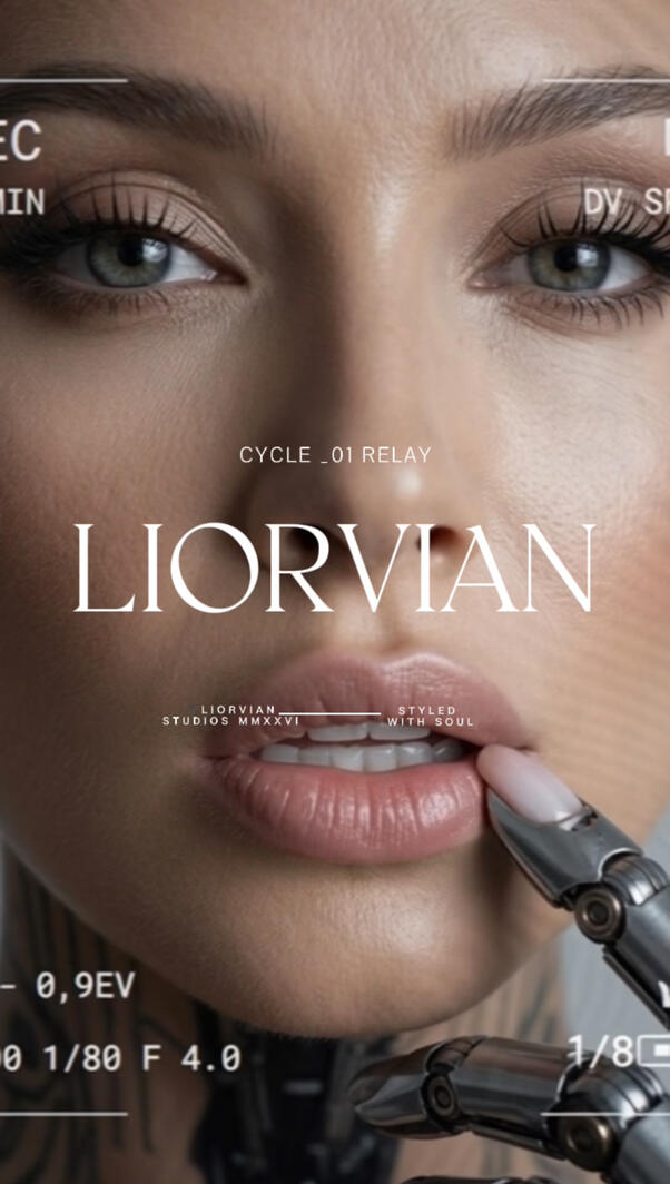 Mia Liorvian | Cycle _01 Relay // Micro Textures High-resolution Mia Liorvian macro shot showcasing realistic skin textures, fine eyelashes, and a glossy lip, contrasted against a polished chrome cybernetic finger tip.