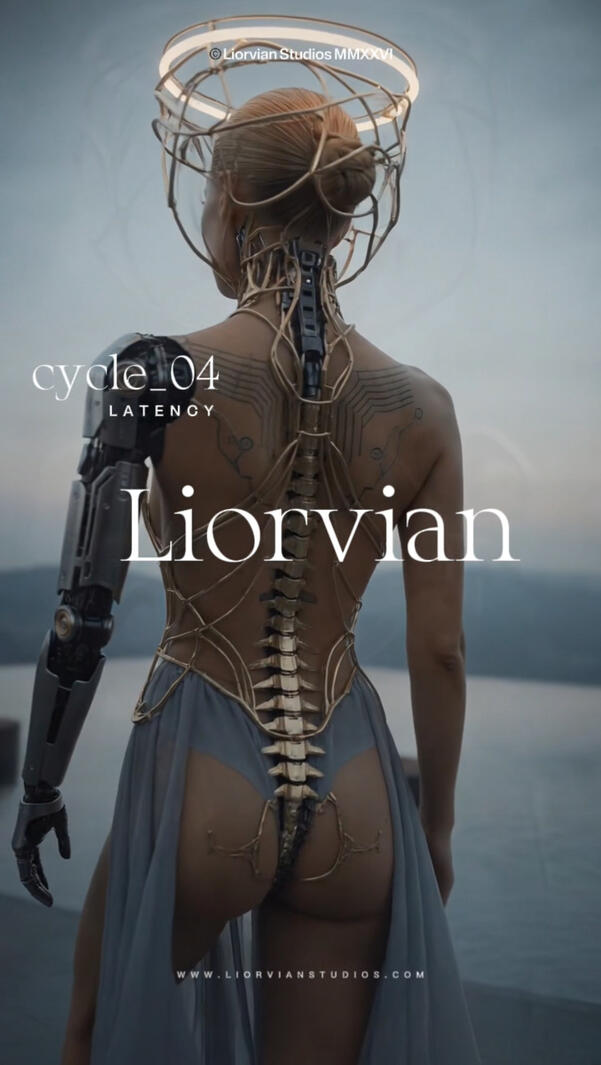Cinematic back-view of Mia Liorvian looking out over a misty waterfront. The focus is on a gold-and-black articulated robotic spine asset integrated seamlessly into the character's back, complete with website branding text.