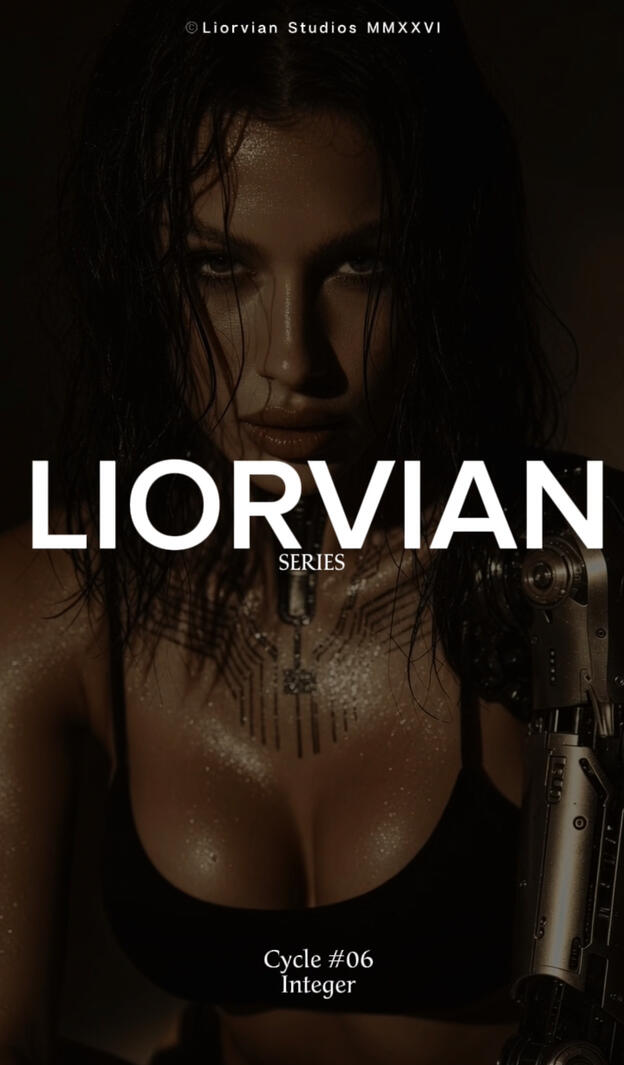 Seductive low-key lighting portrait of Mia Liorvian with wet dark hair, featuring an intricate cybernetic chest tattoo and a matte-finished robotic shoulder joint under warm, muted illumination.