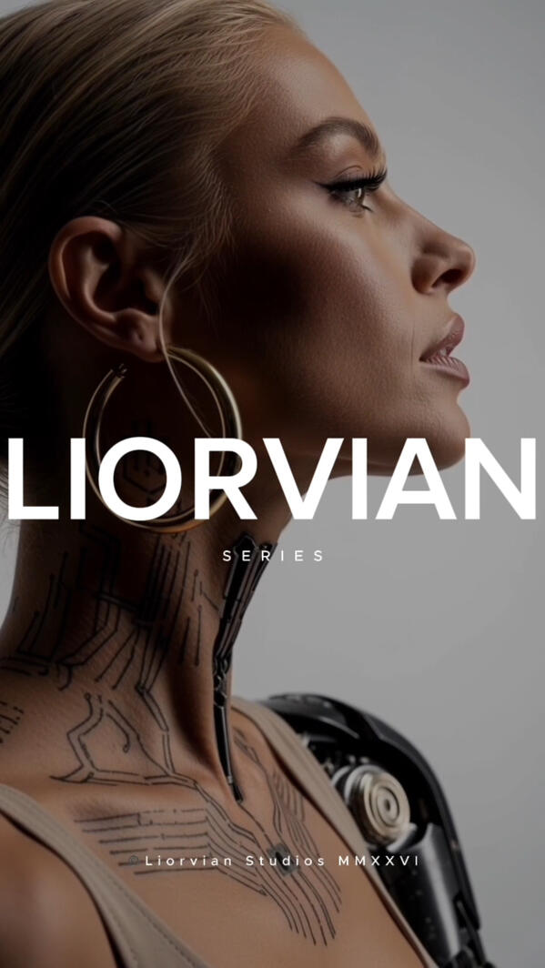 Mia Liorvian Designated L9RA posed for a Liorvian Series Magazine Mia Liorvian synthetic entity L9RA profile view, mechanical arm shoulder with circuit marking at neck — speculative fashion, Liorvian Series, Liorvian Studios