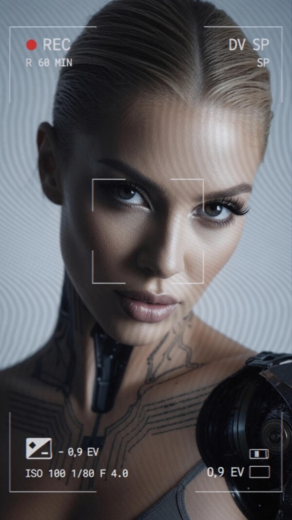 A close-up portrait of Mia Liorvian looking over her shoulder with an intense gaze. Her skin features detailed circuit-like mechatronic linework along her neck and collarbone, transitioning into a dark, robotic shoulder component. The image is overlayed wi