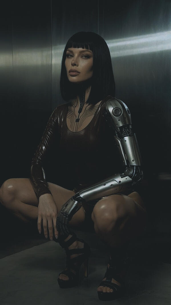 Mia Liorvian crouches in a dimly lit, futuristic metallic environment with dramatic side lighting. She wears a shiny dark brown bodysuit, has a sleek black bob with bangs, and features a fully visible silver robotic arm. She gazes intensely at the camera.