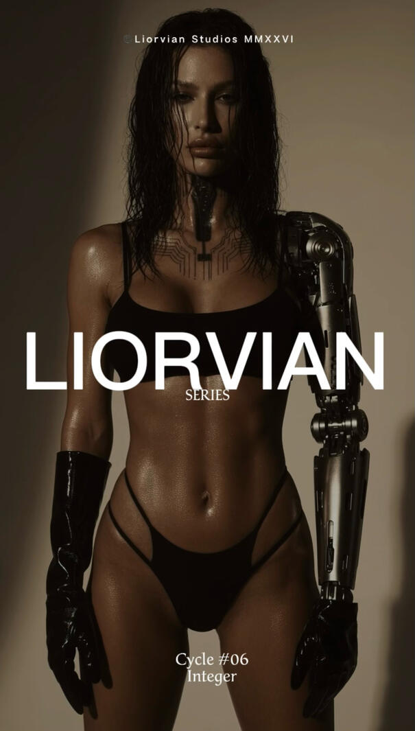 Mia Liorvian | Cycle #06 Integer // Asset Silhouette Mia Liorvian Full-body silhouette testing for the Integer sequence, in a black swimsuit and high-gloss gloves, against the complex industrial geometry of the mechanical arm armature.