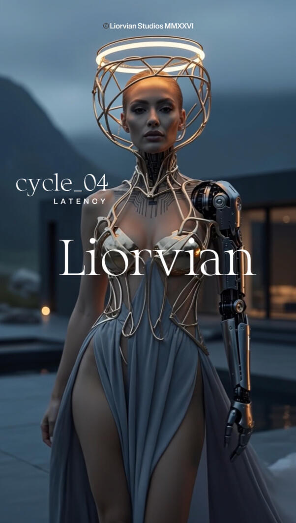 Mia Liorvian | Cycle _04 Latency // Metanoic Core Mia Liorvian wearing a glowing gold halo frame, an intricate metallic gold skeletal corset, and an asymmetrical chrome robotic arm, standing on a minimalist concrete patio at dusk.