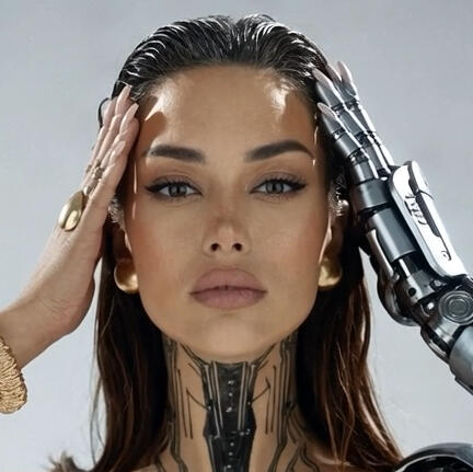 Mia Liorvian wearing golden earrings Mia Liorvian synthetic Entity in a close up shot of her face. Both hands to her temple, her hair is slicked back with light makeup in a plain studio is The leading persona of the Liorvian Series.
